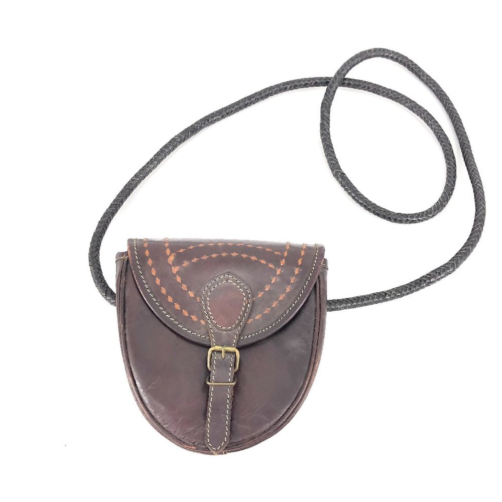 VINTAGE Leather Crossbody Brown Tooled Buckle Bag